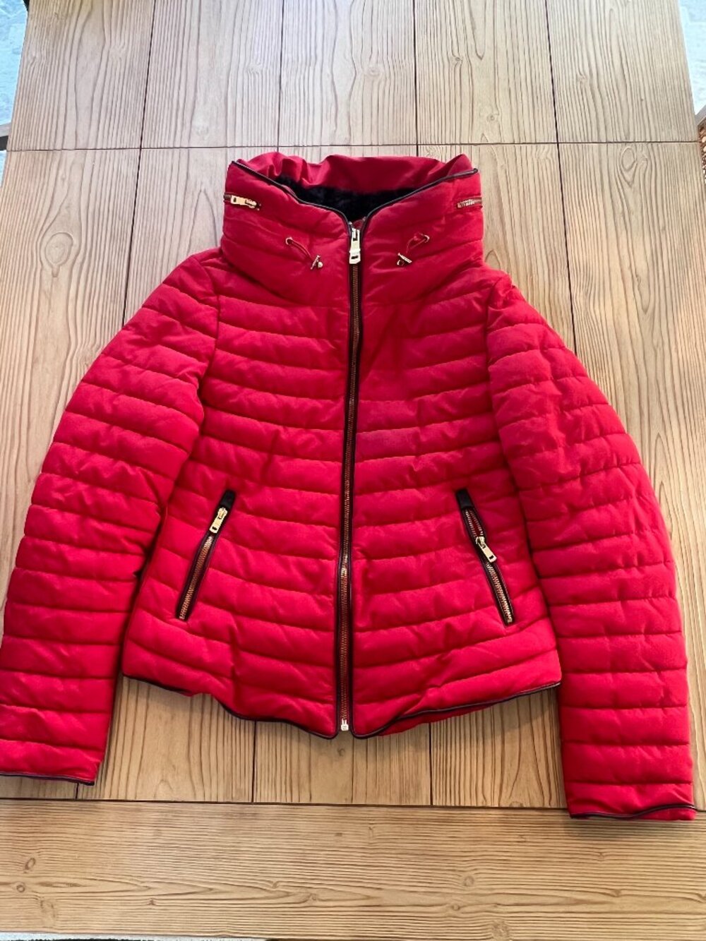 Zara Basic Red Quilted Puffer Jacket Gold Zippers Size Small
